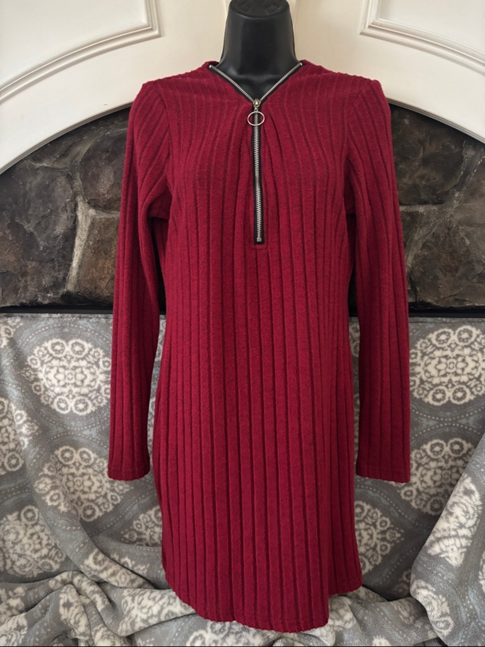 Women's Ribbed Half-Zip Light Sweater Dress - Burgundy size M